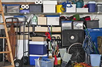 boxes and items stacked in storage