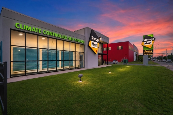 Facility exterior with a sunset at StorageMart in Calgary Alberta