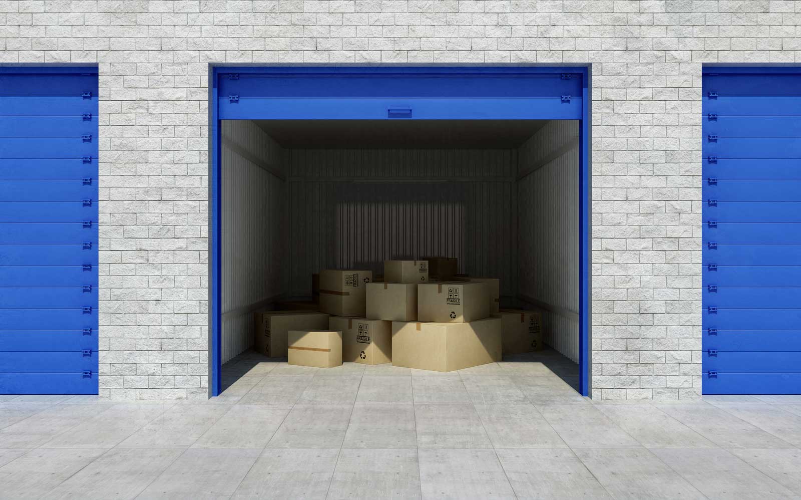 Cardboard boxes in a self storage unit.