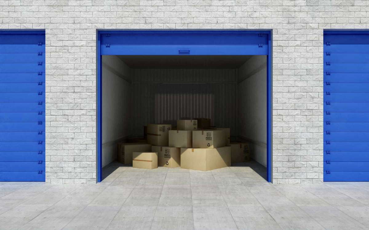 A 5x10 storage unit with boxes
